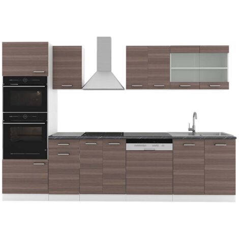 Cuisine R-Line, gris noble/blanc, 300 cm avec armoire haute, PT Anthracite, Vicco
