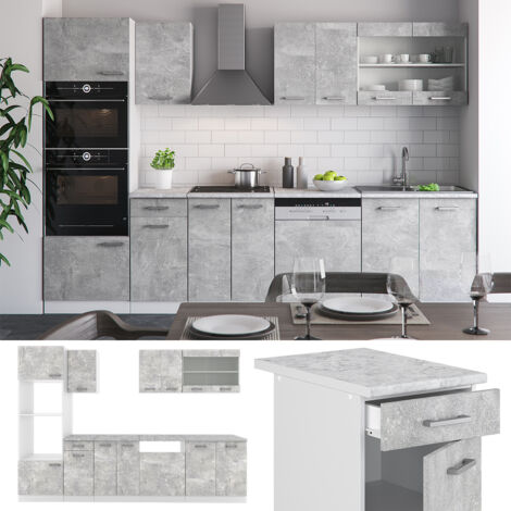 Cuisine R-Line, Béton/blanc, 300 cm avec armoire haute, PT Anthracite, Vicco (1/5)