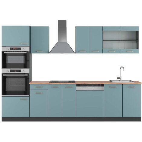 Cuisine R-Line, Bleu-gris/anthracite, 300 cm avec armoire haute, PT Chêne, Vicco