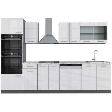 Cuisine R-Line, Blanc brillant/Anthracite, 300 cm avec armoire haute, PT Marbre, Vicco