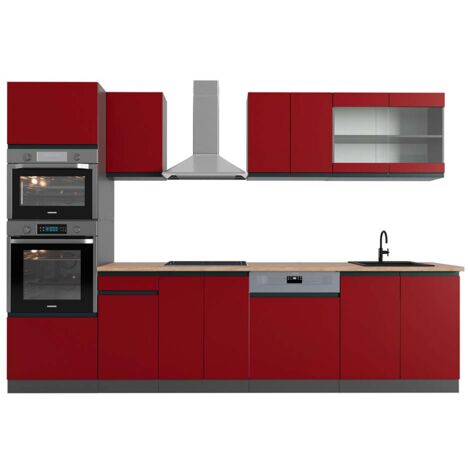 Cuisine R-Line, Rouge/Anthracite, 300 cm avec armoire haute, PT Chêne, Vicco