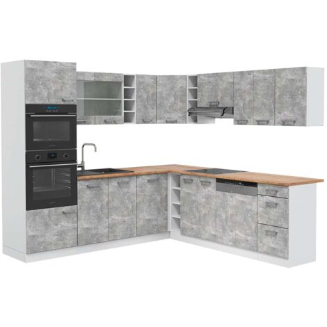 Cuisine en angle R-Line, Béton/blanc, 237 x 247 cm , PT Chêne, Vicco