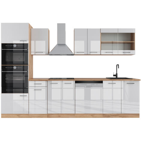 Cuisine R-Line, Blanc brillant/Chêne doré, 300 cm avec armoire haute, PT Chêne, Vicco