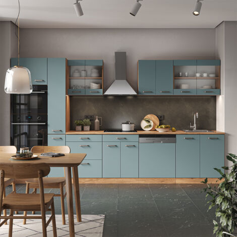 Cuisine R-Line, Bleu-gris/chêne doré, 350 cm avec armoire haute, sans plan de travail, Vicco
