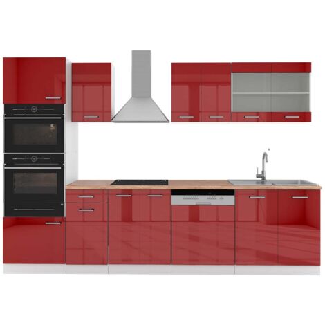 Cuisine R-Line, rouge brillant/blanc, 300cm avec armoire haute, PT Chêne, Vicco