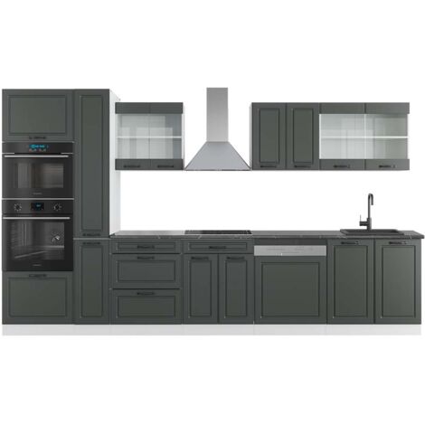 Ligne de cuisine R-Line, Anthracite maison de campagne/blanc, 350 cm avec armoire haute, PT Anthracite, Vicco