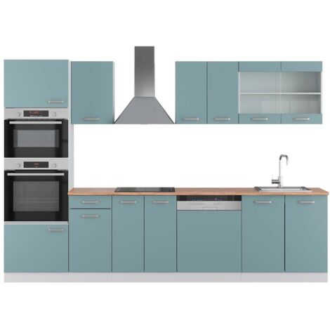 Cuisine R-Line, Bleu-gris/blanc, 300 cm avec armoire haute, PT Chêne, Vicco (1/5)