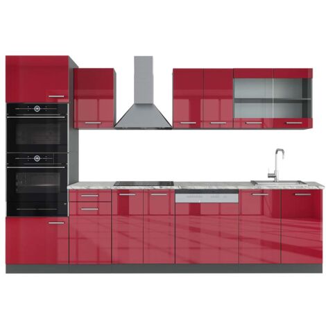 Cuisine R-Line, Rouge brillant/Anthracite, 300cm avec armoire haute, PT Marbre, Vicco