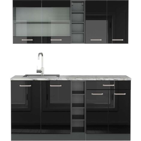 Cuisine R-Line, Noir brillant/Anthracite, 160 cm , PT Marbre, Vicco