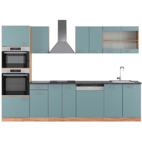 Cuisine R-Line, Bleu-gris/chêne doré, 300 cm avec armoire haute, PT Anthracite, Vicco