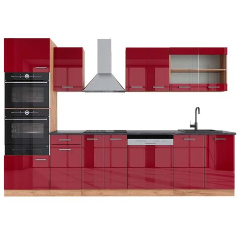 Cuisine R-Line, Rouge brillant/Chêne doré, 300cm avec armoire haute, PT Anthracite, Vicco