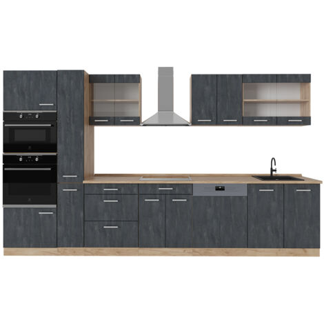 Cuisine R-Line, Béton noir/chêne doré, 350 cm sans plan de travail, Vicco