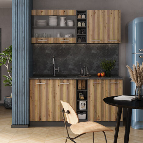 Cuisine R-Line, 240 cm , PT Chêne, Anthracite maison de campagne/blanc