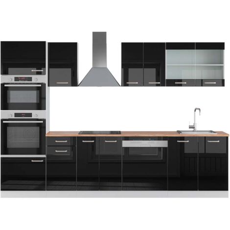 Cuisine R-Line, Noir brillant/Blanc, 300 cm avec armoire haute, PT Chêne, Vicco