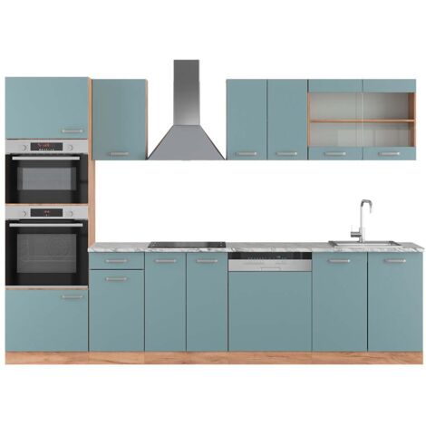 Cuisine R-Line, Bleu-gris/chêne doré, 300 cm avec armoire haute, PT Marbre, Vicco