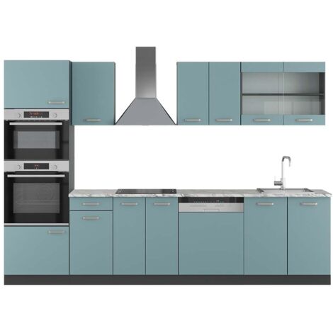 Cuisine R-Line, Bleu-gris/anthracite, 300 cm avec armoire haute, PT Marbre, Vicco
