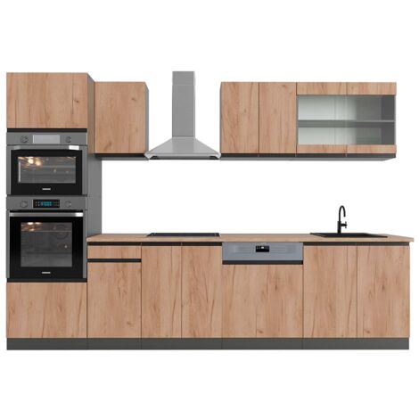 Cuisine R-Line, Chêne doré/anthracite, 300 cm avec armoire haute, PT Chêne, Vicco