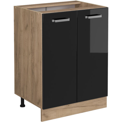 Meuble bas de cuisine R-Line, Noir Haute brillance, 60 cm sans plan de travail, Vicco