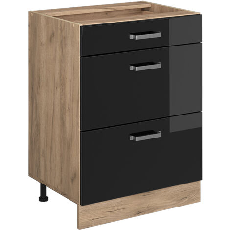 Meuble cuisine R-Line, Noir Haute brillance, 60 cm avec tiroirs, sans plan de travail, Vicco
