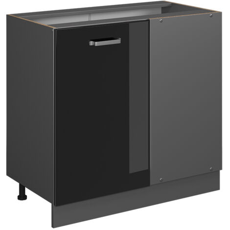 Meuble d'angle R-Line, Noir Haute brillance, 86 cm sans plan de travail, Vicco