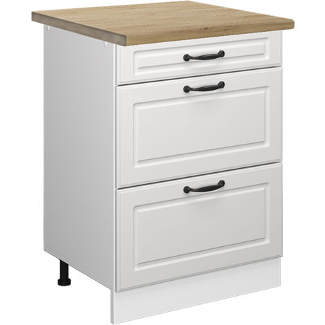 Meuble cuisine R-Line, Blanc campagne, 60 cm avec tiroirs, PT Chêne, Vicco