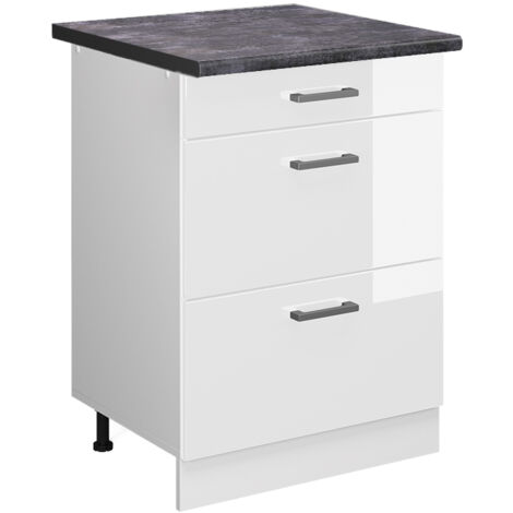 Meuble cuisine R-Line, Blanc Haute brillance, 60 cm avec tiroirs, PT Anthracite, Vicco