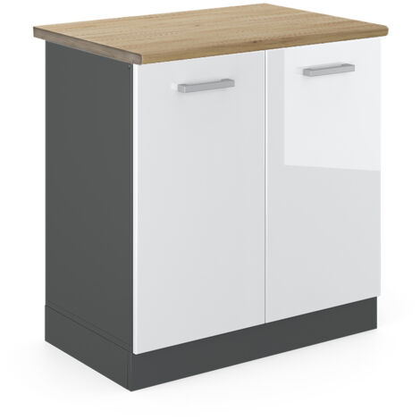 Meuble bas sous-évier R-Line, Blanc Haute brillance, 80 cm , PT Chêne, Vicco