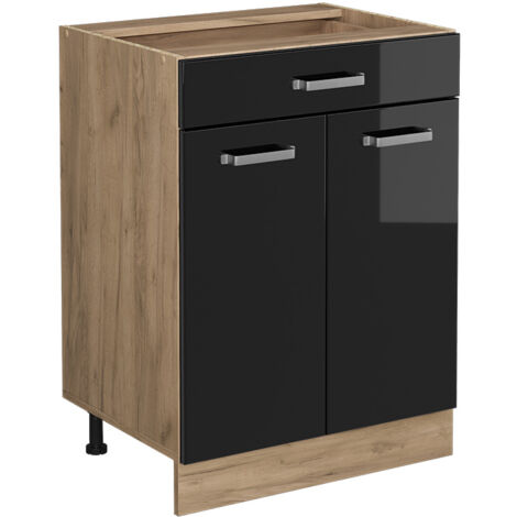 Meuble cuisine R-Line, Noir Haute brillance, 60cm avec tiroir, sans PT, Vicco