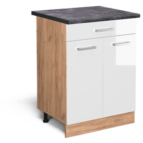 Meuble cuisine R-Line, Blanc Haute brillance, 60 cm avec tiroir, PT Anthracite, Vicco