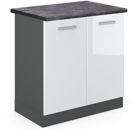 Meuble bas sous-évier R-Line, Blanc Haute brillance, 80 cm , PT Anthracite, Vicco