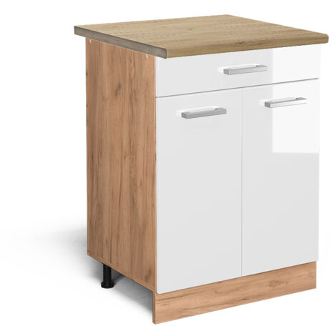 Meuble cuisine R-Line, Blanc Haute brillance, 60 cm avec tiroir, PT Chêne, Vicco