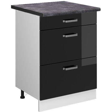 Meuble cuisine R-Line, Noir Haute brillance, 60 cm avec tiroirs, PT Anthracite, Vicco