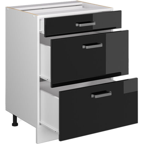 Meuble cuisine R-Line, Noir Haute brillance, 60 cm avec tiroirs, PT Anthracite, Vicco