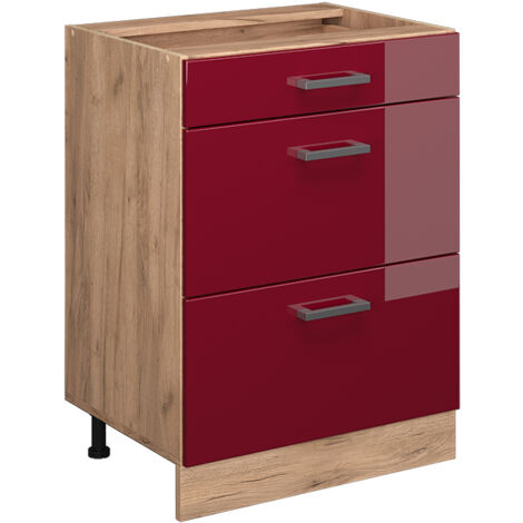 Meuble cuisine R-Line, Rouge brillant, 60cm avec tiroirs, sans PT, Vicco