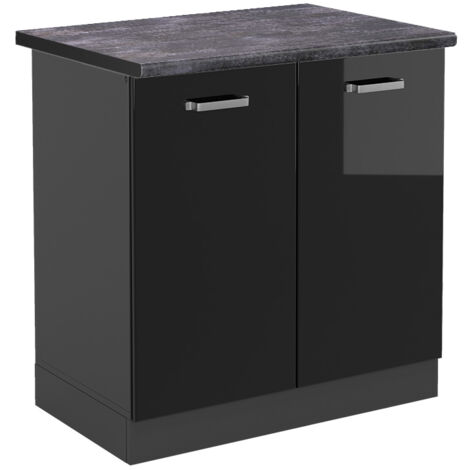 Meuble bas sous-évier R-Line, Noir Haute brillance, 80 cm , PT Anthracite, Vicco