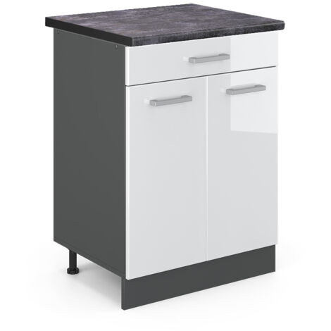 Meuble bas de cuisine R-Line, Blanc Haute brillance, 60 cm , PT Anthracite, Vicco