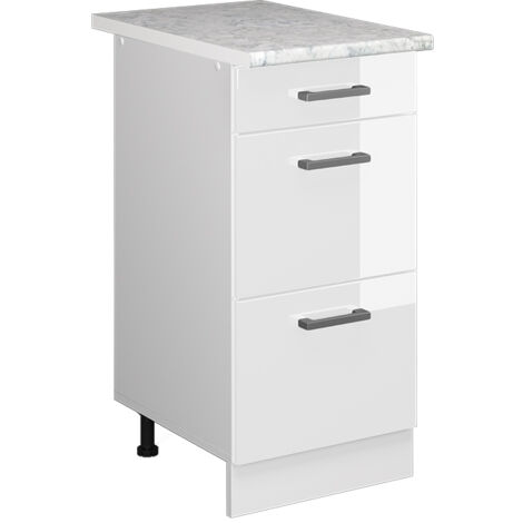 Meuble cuisine R-Line, Blanc Haute brillance, 40 cm avec tiroirs, PT Marbre, Vicco