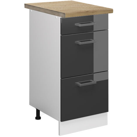 Meuble cuisine R-Line, Anthracite Haute brillance, 40 cm avec tiroirs, PT Chêne, Vicco