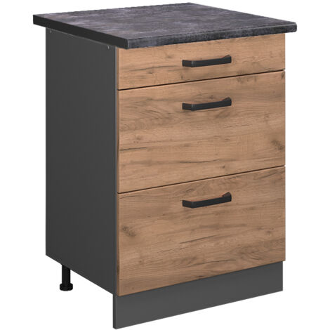Meuble cuisine R-Line, Chêne de force doré, 60 cm avec tiroirs, PT Anthracite, Vicco