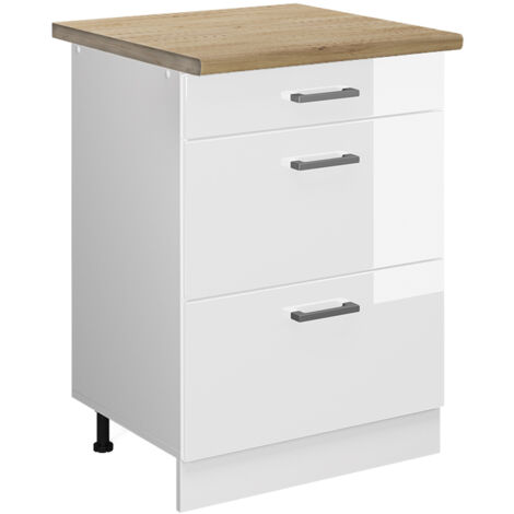 Meuble cuisine R-Line, Blanc Haute brillance, 60 cm avec tiroirs, PT Chêne, Vicco