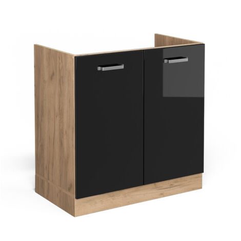 Meuble bas sous-évier R-Line, Noir Haute brillance, 80 cm sans plan de travail, Vicco