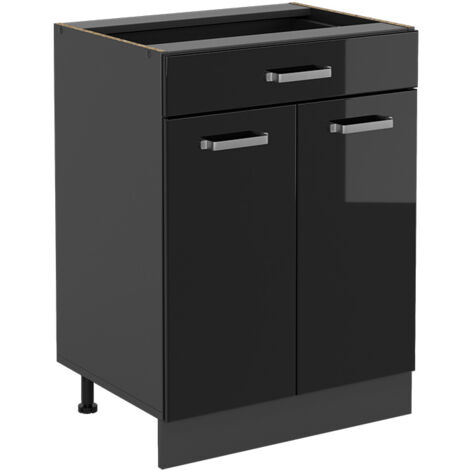 Meuble cuisine R-Line, Noir Haute brillance, 60cm avec tiroir, sans PT, Vicco
