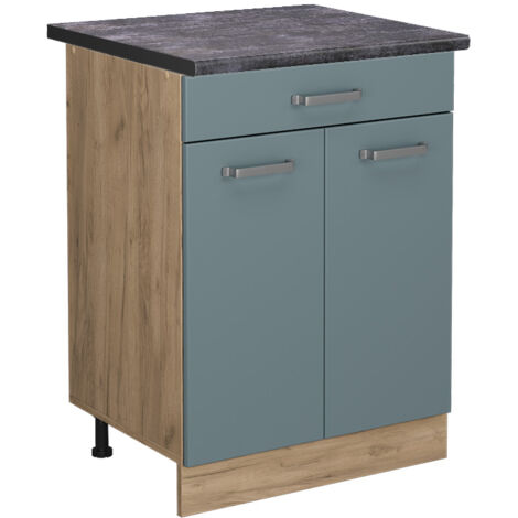 Meuble cuisine R-Line, Bleu-gris, 60 cm avec tiroir, PT Anthracite, Vicco