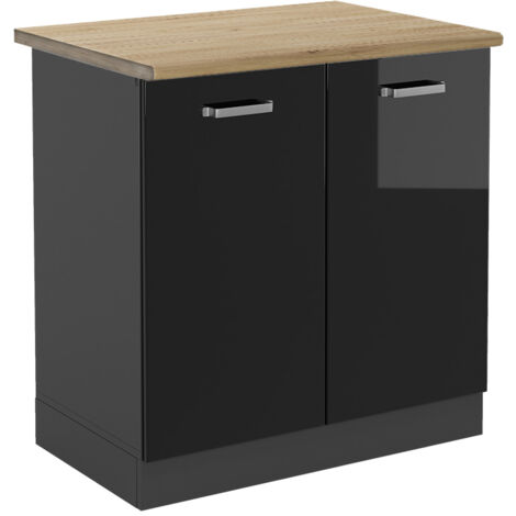 Meuble bas sous-évier R-Line, Noir Haute brillance, 80 cm , PT Chêne, Vicco