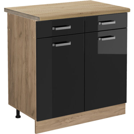 Meuble cuisine R-Line, Noir Haute brillance, 80 cm , PT Chêne, Vicco