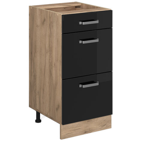 Meuble cuisine R-Line, Noir Haute brillance, 40 cm avec tiroirs, sans plan de travail, Vicco