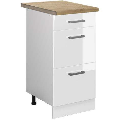Meuble cuisine R-Line, Blanc Haute brillance, 40 cm avec tiroirs, PT Chêne, Vicco