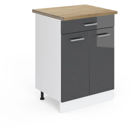 Meuble cuisine R-Line, Anthracite Haute brillance, 60 cm avec tiroir, PT Chêne, Vicco