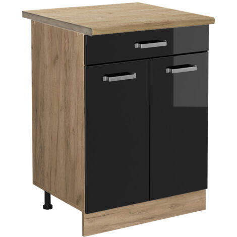 Meuble cuisine R-Line, Noir Haute brillance, 60 cm avec tiroir, PT Chêne, Vicco