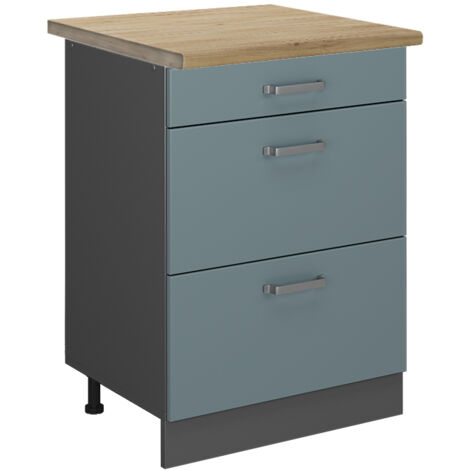 Meuble cuisine R-Line, Bleu-gris, 60 cm avec tiroirs, PT Chêne, Vicco